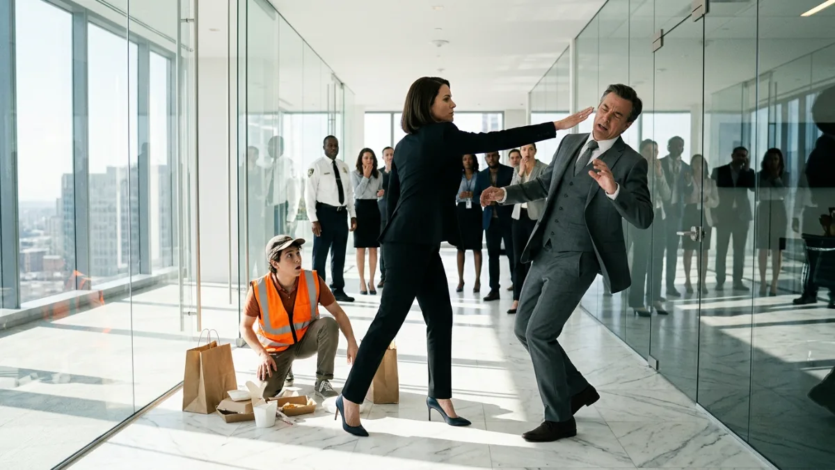 Arrogant Executive Attacks Delivery Girl In Corporate Hallway banner