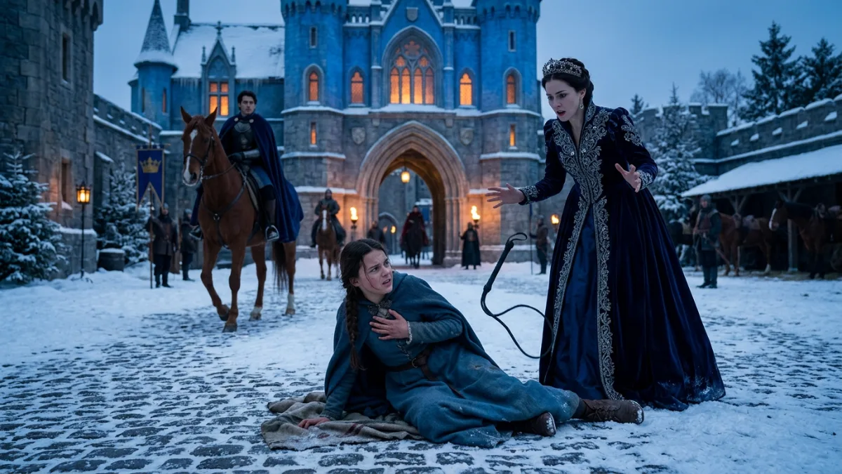 Cruel Duchess Attacks Servant Girl In Snowy Castle Courtyard banner