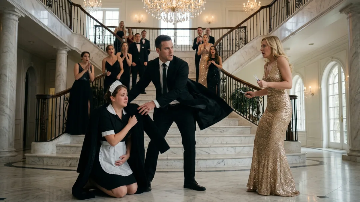Cruel Heiress Humiliates Kneeling Maid On Grand Staircase banner